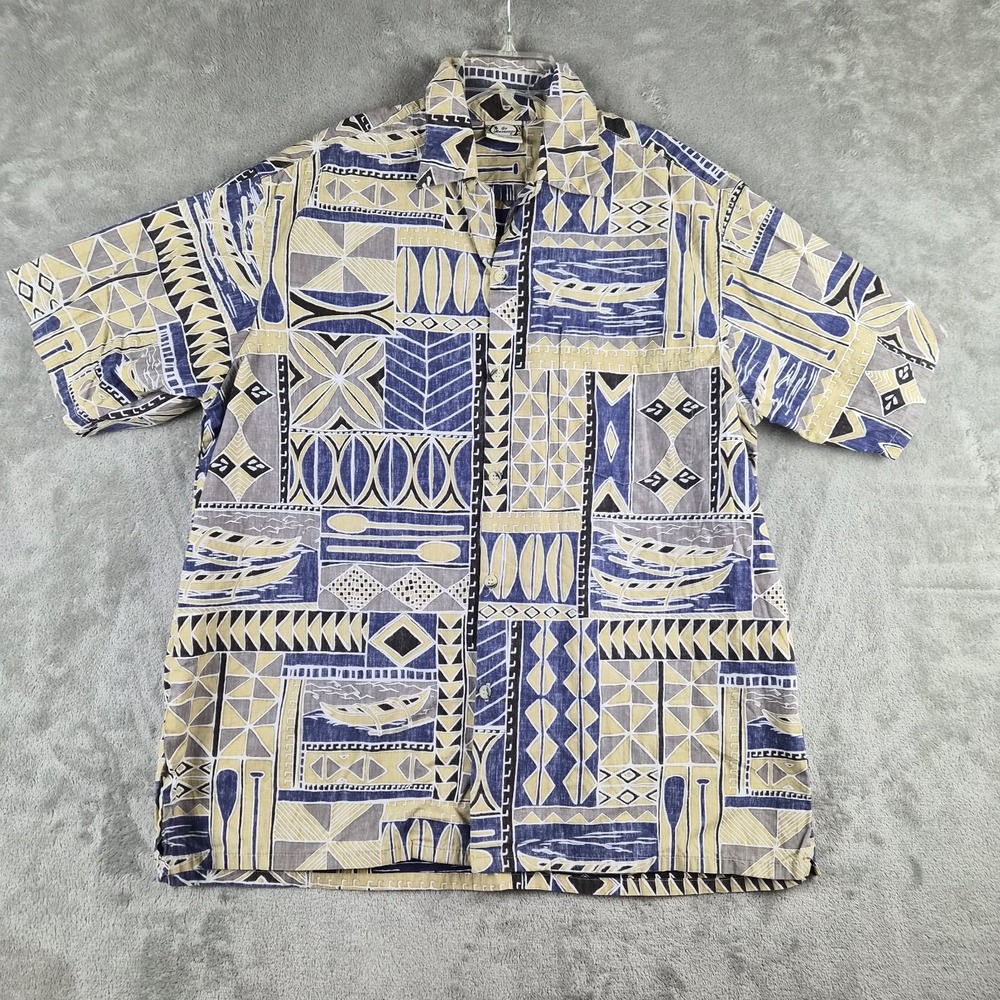 Go Barefoot Hawaiian Shirt Mens Large Blue Beige Tribal Canoe Aloha Made In USA